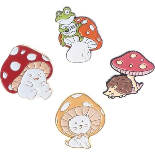 New Mushroom Enamel Pin Custom Cat Frog Hedgehog Brooches Shirt Lapel Bag Cartoon Cute Animal Badge Jewelry Gift for Kids