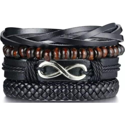 Infinity Leather Bracelet Genuine Jewelry Mens Genuine Black Color Trend Braided Fashion Design Hand Made Natural
