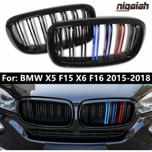 1 Pair F15 F16 Car Front Grills Glossy Black For BMW X5 F15 X6 F16 Xdrive 2015-2018 Racing Grill Replacement M Color Dual Slats