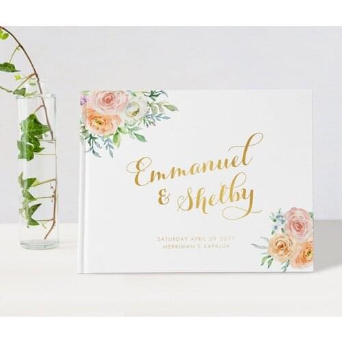 Personalized Floral Wedding Guest Book, Pastel Flowers Romantic Engagement Guestbook, Mr and Mrs Wedding names and date Book