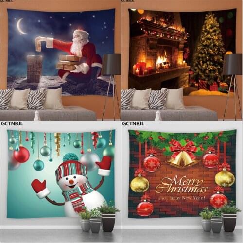 Christmas Tapestry Santa Claus Elk Snowman Fireplace Psychedelic Moon XMAS Background Wall Hanging Tapestries Holiday Blanket