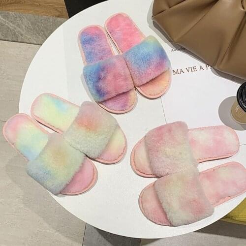 Warm Shoes Woman Slippers Colorful Faux Fur Women Slippers Slip on Autumn Winter Flip Flops Fur Slippers Female Slides Plus Size