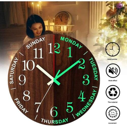12 Inch Luminous Wall Clock Wood Silent light in dark night Nordic Fashion Wall Clock Non Ticking Clock With Night Light