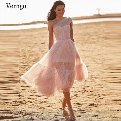 Verngo 2021 Blush Pink Tulle A Line Short Prom Dresses Beach One Shoulder Pleats Lace Up Back Tea Length Formal Party Gowns