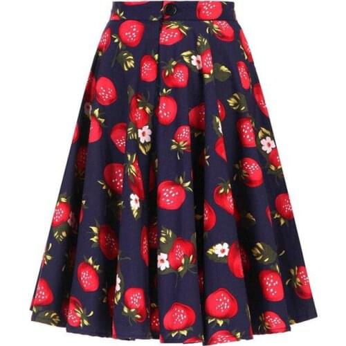 Women blue skirt fruits and flowers print zip 1950s swing skirt