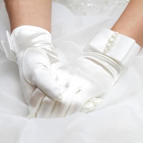 Female Short Thin Bow Silk Satin Pearl Gloves 22cm Elastic Mercerized Retro Party Dress Summer UV Sunscreen Driving Mittens L28L