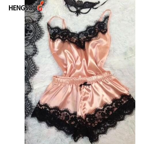 Ladies Sexy Imitate Silk Satin Pajama Set Lace Pyjama Set Sleeveless Pajama Set V-neck Sleepwear Summer Home Wear For Women