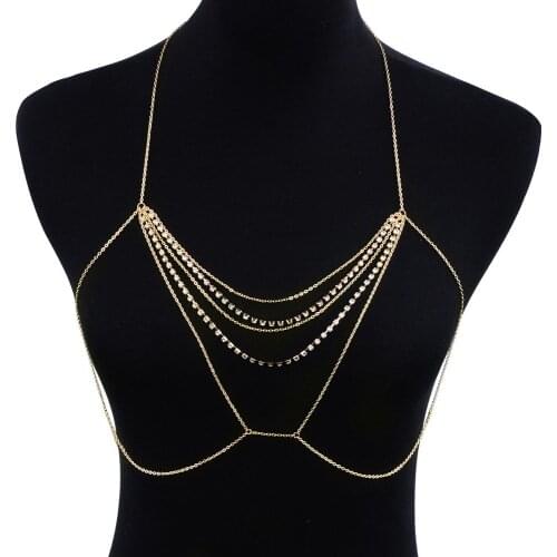 Women Simple Rhinestone Body Fashion Chain Necklace Jewelry Shiny Rhinestone Crystal Bra Body Charming Club Jewelry