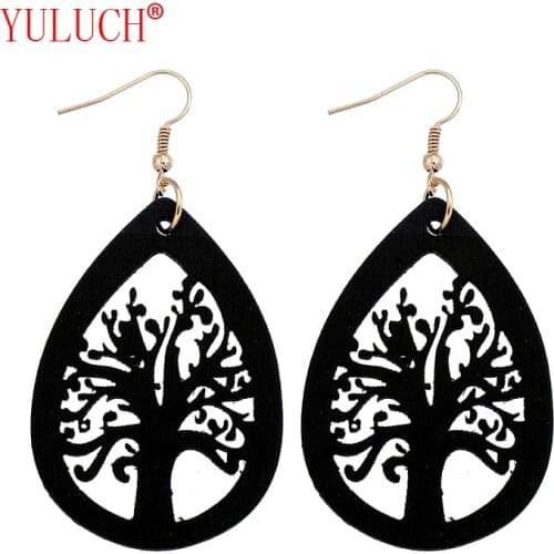 YULUCH Vintage Ethnic Handmade Natural Wooden Black Drops Hollow Out Tree Pendant for African Fashion Woman Earrings Jewelry