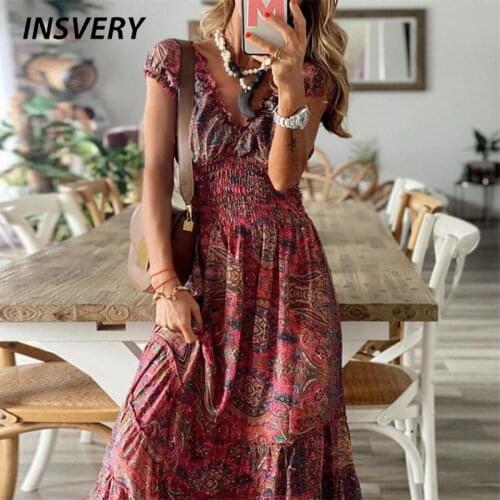 Women Casual Long Dress Short Sleeve V Neck Party Dress Women Summer Dresses Large Size Vintage Print Dress 2021 Vestido