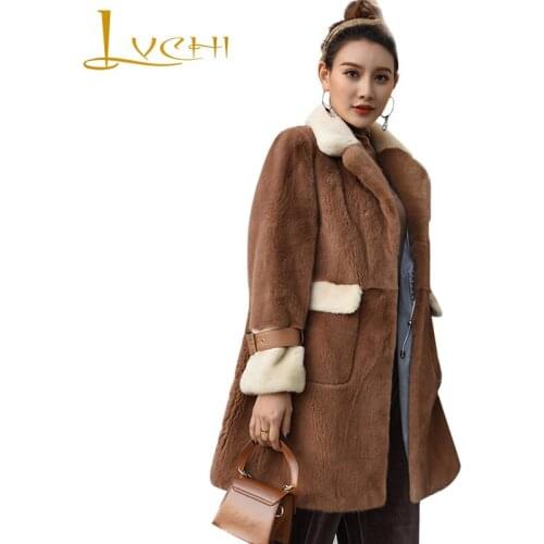 LVCHI Winter 2019 Import Real Mink Fur Coats Womens Long Sleeve Turn-Down Collar Coat Full Pelt Causal Import Medium Mink Coats