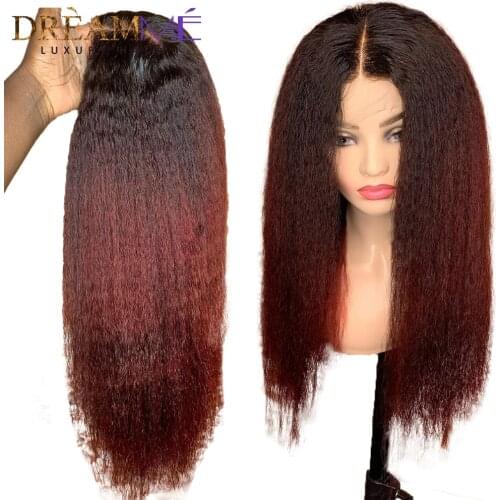 1B99J Burgundy color wig Kinky Straight 4X4 Lace Closure Lace Front Human Hair Wigs For Black Women Preplcuked With Baby Hair