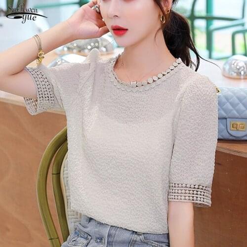 2021 Summer Short Sleeve Chiffon Shirt Women Casual O Neck Plus Size Women Blouse Pleated Apricot Purple Tops Blusas Mujer 10205