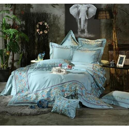 4/7pcs Blue Luxury High-end Pastoral Flower Embroidery 100S/800TC Egyptian cotton Bedding Set Duvet Cover Bed sheet Pillowcase
