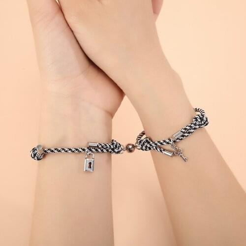 2PCcs/Set Couple Bracelets for Women Men Charm Lock Key Friendship Rope Braided Distance Magnetic Bracelet Lover Rope Jewelry
