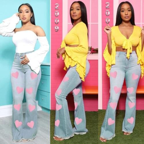 High Waist Jeans For Plus Size Women Clothes Blue Slim Stretch Fashion Women Zipper Heart Print Pocket Denim Flared Trousers