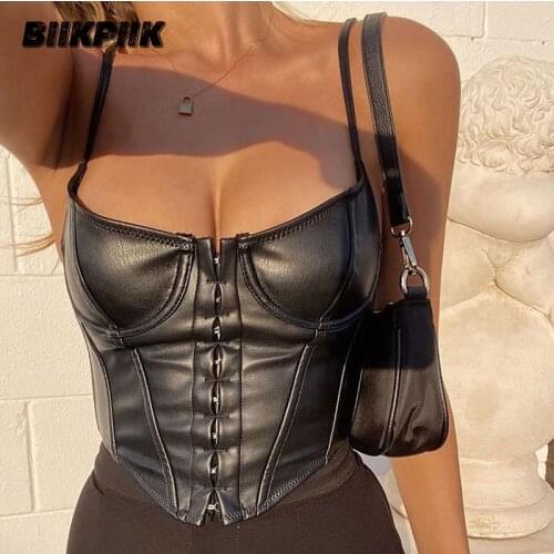 Elegant And Sexy PU Cest Deep V Neck Halter Sleeveless Solid Color T-shirt Womens Autumn Punk Club Button Street Style Corset