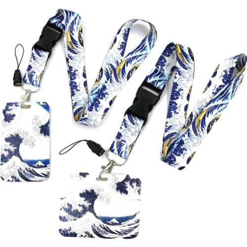 Art Painting Kanagawa Hokusai Waves Anime Lanyard Badge Holder ID Card Lanyard Phone Rope Key Lanyard Neck Straps Keychain Ring