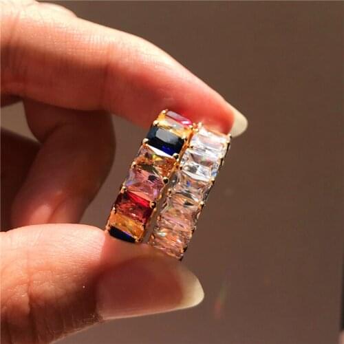 Dainty Bridal Square Zircon Engagement Ring Vintage Gold Color Wedding Ring Cute Female Rainbow Crystal Stone Rings For Women