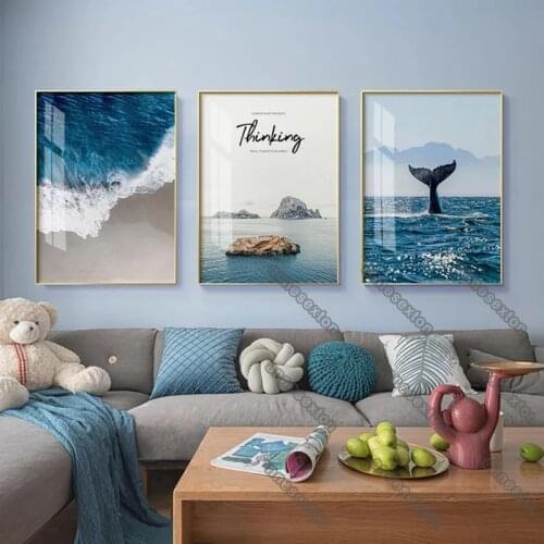 Modern Style Canvas Painting Tropical Landscape Poster Beach Sea Whale Blue Colors Wall Art Pictures for Home Rooms Wall Decora