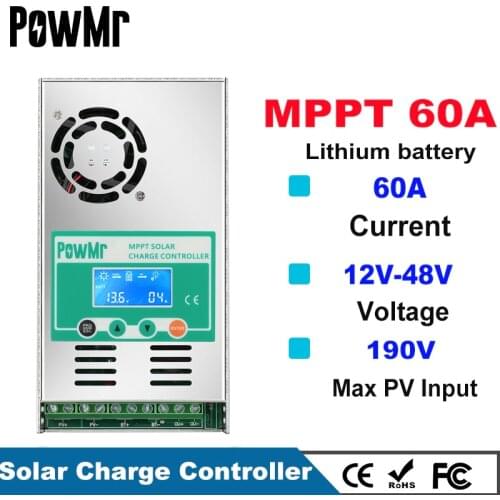 PowMr Solar Charge Controller MPPT 60A 12V 24V 36V 48V Auto For Max 190VDC PV Input Vented Sealed Gel Nicd Li Solar Cells Panel