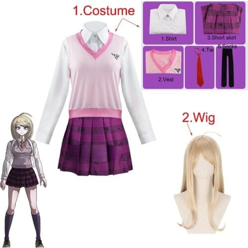 Danganronpa Akamatsu kaede Cosplay Costume High School Students Campus Uniform Halloween Carnival Funny Costume Wigs