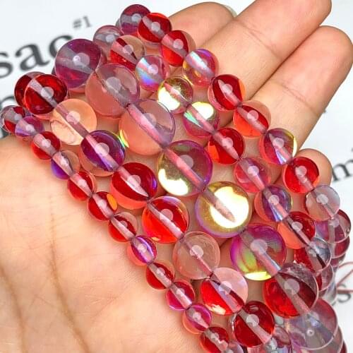 Red Austrian Crystal Glitter Stone Bead Round Flash Moonstone Beads For Jewelry Making Diy Charms Bracelet 6 8 10 12mm 1 Strand
