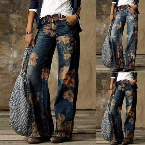 HOT SALES!!!New Arrival Women Retro High Waist Wide Leg Floral Print Long Loose Jeans Pants Trousers