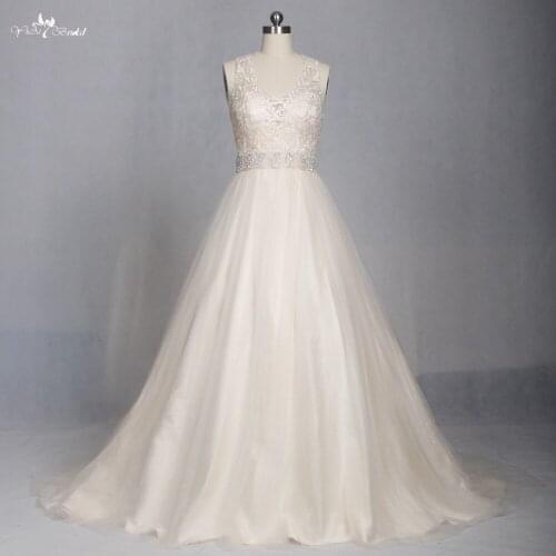 LZ174 Alibaba Champagne Scoop Lace Fabric Vestido De Noiva Chiffon A Line Wedding Dress Crystal Wedding Dresses