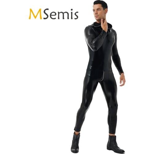 Mens Patent Leather Hooded Bodysuit Zipper Back Stretchy Skinny Jumpsuits Nightclub Clubwear Stage Performance Role Play Costume