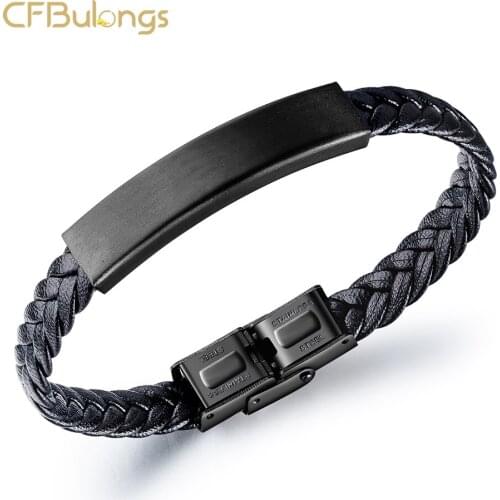 CFBulongs Retro Black Braided Leather Mens Bracelet Stainless Steel Simple Glossy High Quality Bangle Fashion Jewelry