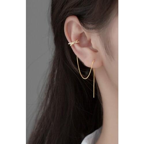 Cz set Cross Pull Through Climber Threader earrings long 100% Real. 925 Sterling Silver Fine Jewelry C-G9247