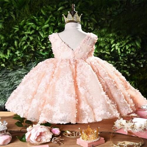 New Girl Dress Baptismal dress for infant Pink petal elegant Flower Girls Wedding Dresses tutu princess Baby Girl Dress 1years