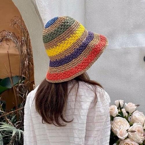 2021 New Paper Straw Made Rainbow Crochet Handmade Bucket Hat For Women Straw Summer Hat Foldable Sunscreen Beach Sun Visors