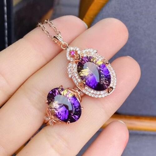 Simple Stylish Personality Ametrine jewelry set Natural Real Ametrine 925 sterling silver 1pc pendant,1pc ring
