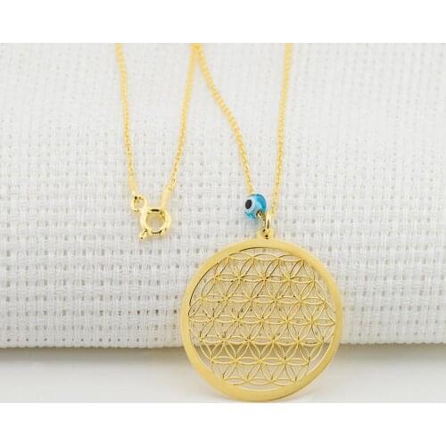 Silver Womens Necklace with Flower of Life and Evil Eye Trendy Women Fashion Vintage Jewelry Valentine Gift Made in Turkey
