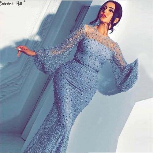 Serene Hill Grey Full Pearls Mermaid Evening Gown 2021 Modest Long Sleeves For Muslim Women Formal Party Dress CLA6556