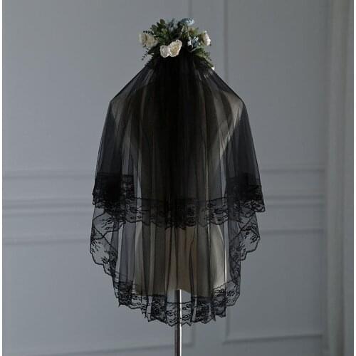 In Stock High Quality Bridal Illusion Black Wedding veil with Lace Edges Bridal Wedding Veils with Hair Comb