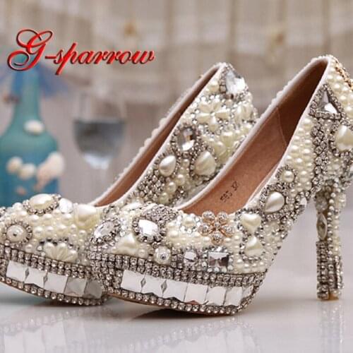 Ivory Pearl Wedding Shoes with Crystal Platforms 4 Inches High Heel Customized Girl Birthday Party Pumps Beautiful Lady Shoes