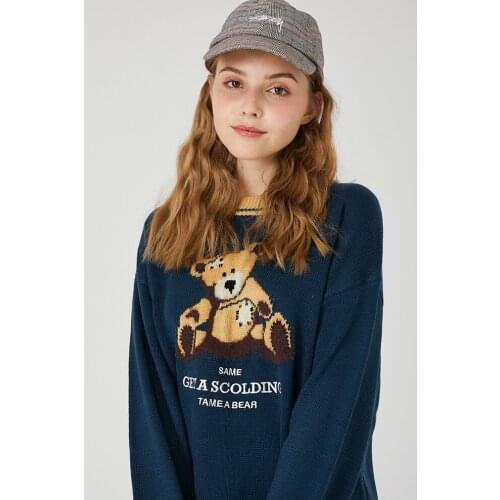 YUPINCIAGA 2020 Spring New Women Man Knitted Sweaters Cartoon Embroidery Couple Sweater Korean of Bear Oversize Jumper Pullover