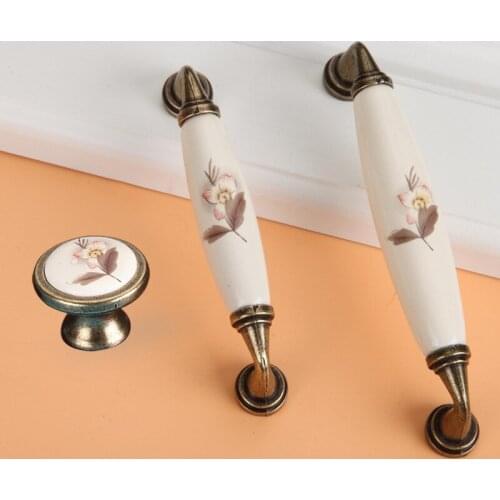Green Bronze Ceramic Handle European Antique Cabinet Wardrobe Door Handle Furniture Drawer Knob Single Hole Hardware Decoration