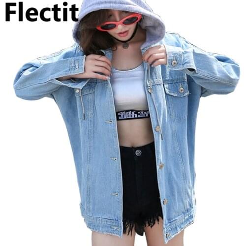 Flectit Street Styel Women Hooded Denim Jacket with Removable Grey Hood Boyfriend Oversized Jean Jacket Female Coat