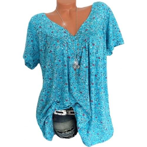 V-Neck Floral Print Top Loose Hem Short Sleeve Women Shirt for Daily Wear