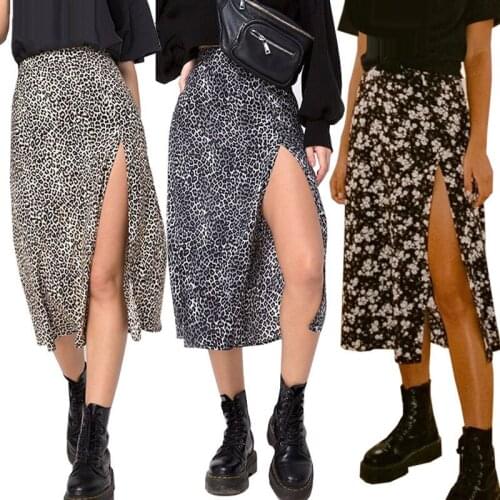 Floral Print Black Skirts Women Summer 2021 Fashion High Waist A-Line Split Leopard Skirt Woman Casual Elastic Waist Midi Skirt