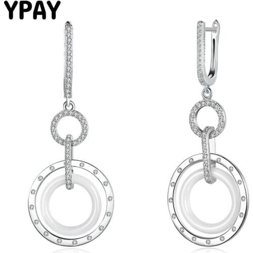 YPAY Luxury Long Drop Earrings for Women Real 925 Sterling Silver White Round Ceramic Brinco Earring Jewelry for Women YME065
