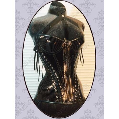 Ladies Shining Black Patent Leather Corset Side Back Lacing Strap Corset Tops For Women