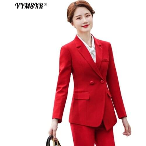 Womens Office Suit Pants Sets 2021 New Autumn and Winter Ladies Double-breasted Blazer Jacket Slim High Waist Trousers Female