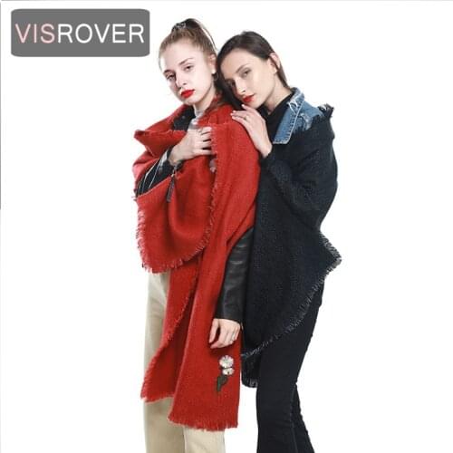VISROVER solid color soft women winter scarf with lurex cashmere like scarves with embroider flower lady warm shawls wraps