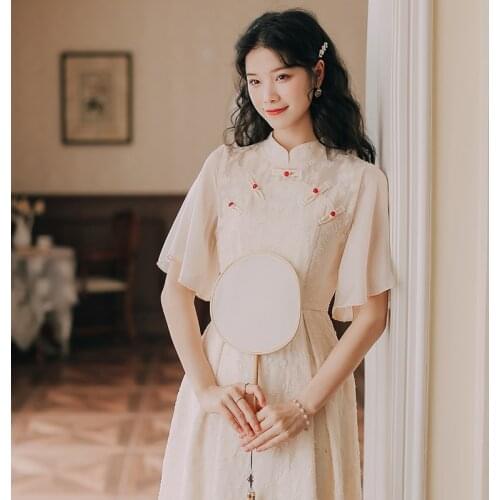 Dress Ruffled Elegant Vintage Cheongsam Summer 2021 New Modern Chic Girl Chiffon Jacquard Gentle Temperament Qipao Women