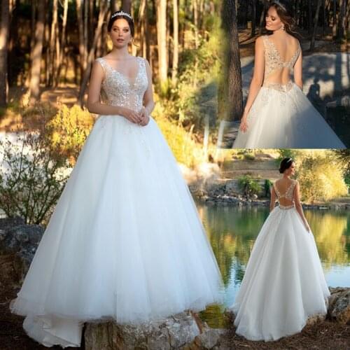 2021 Princess Ball Gown Wedding Dresses V Neck Applique Sequins Shining Open Back Beach Bridal Gowns Vestido De Novia